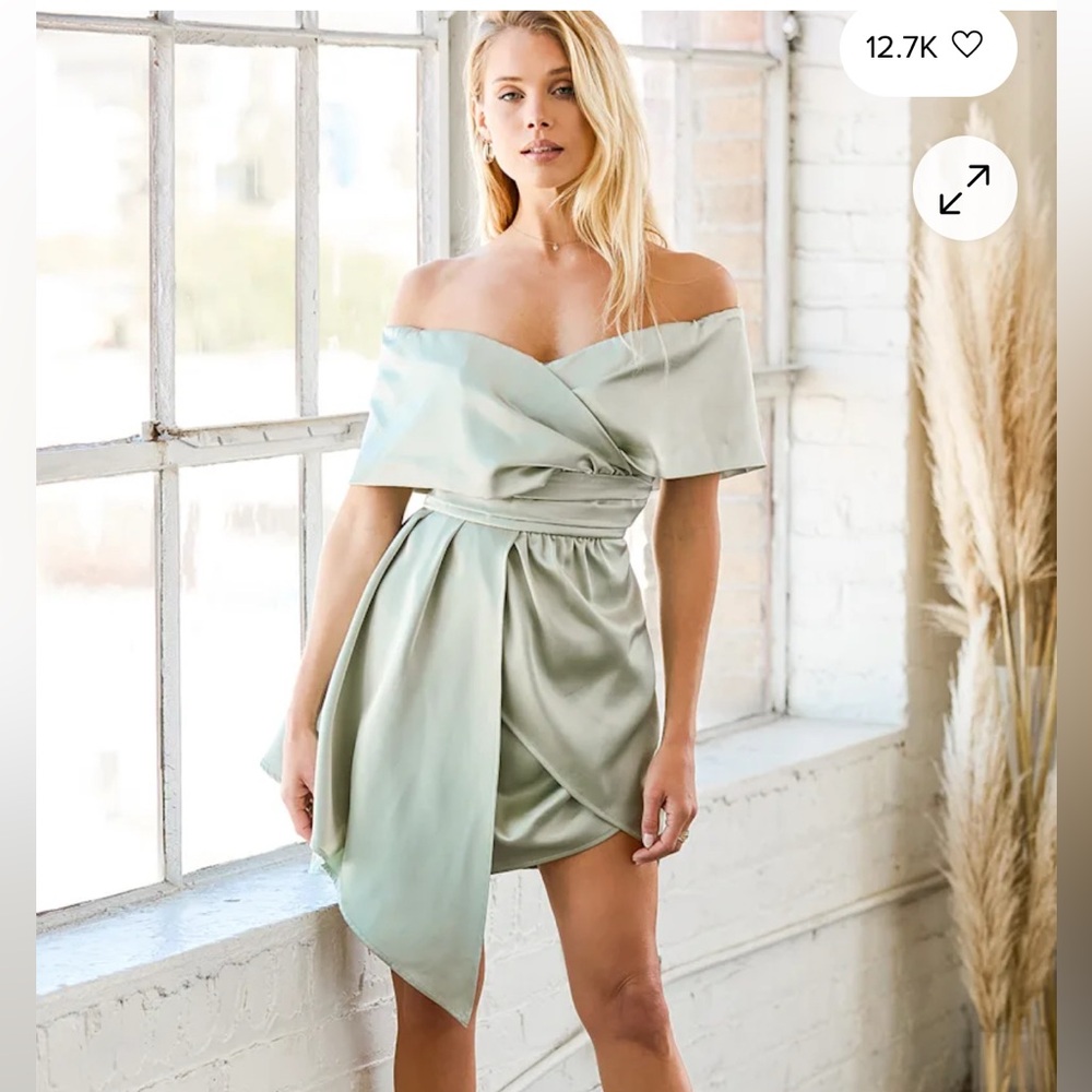 Always Celebrating Sage Green Satin Off-the-Shoulder Mini Dress